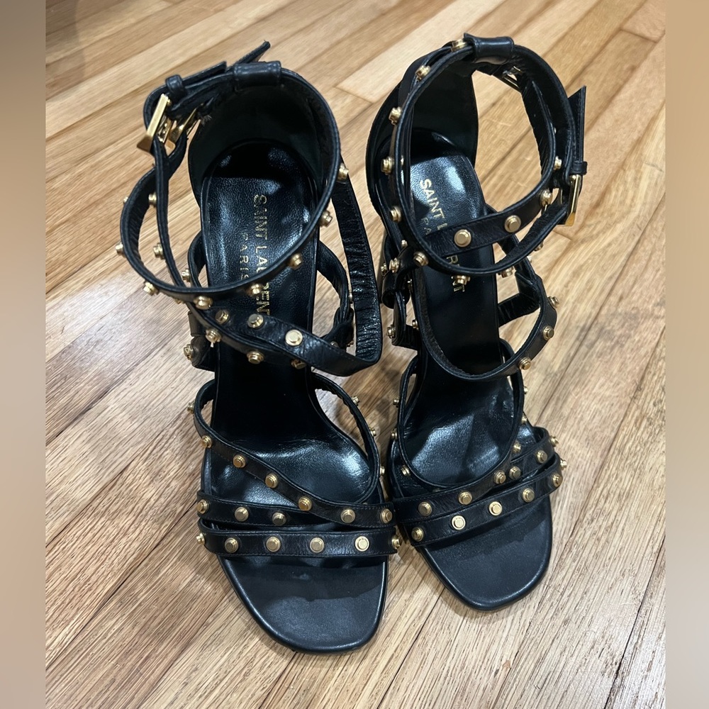 SAINT LAURENT STUDDED SANDALS JERRY BLACK LEATHER SIZE 36.5 STRAPPY HEELS